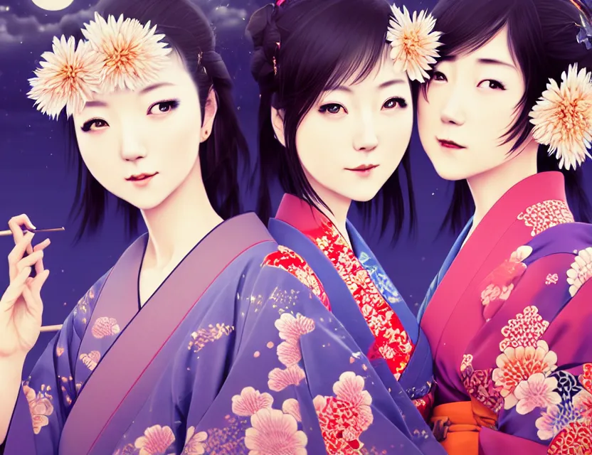 Image similar to two beautiful charming japan girls wear arty kimono in festival | | sunny night, full moon, dreamlike art, realistic shaded, smile, good looking, hyper details, 4 k realistic, cryengine, realistic shaded lighting poster by ilya kuvshinov, fuji choko, ross tran, 8 k resolution, trending on artstation, luxury