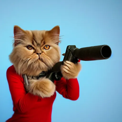 Prompt: persian cat holding a bazooka gun, photo, 4 k, hyper realistic,