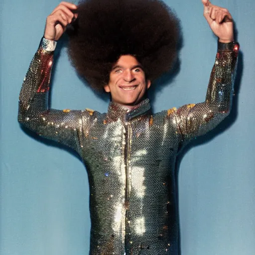 Image similar to uhd candid photo of disco stu wearing disco suit, intricate disco costume. photo by annie leibowitz