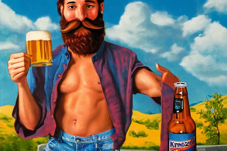 Prompt: a young man holding a beer giving a thumbs up with a long beard, 80s poster, detailed, uncropped, painted by Krenz Crushart