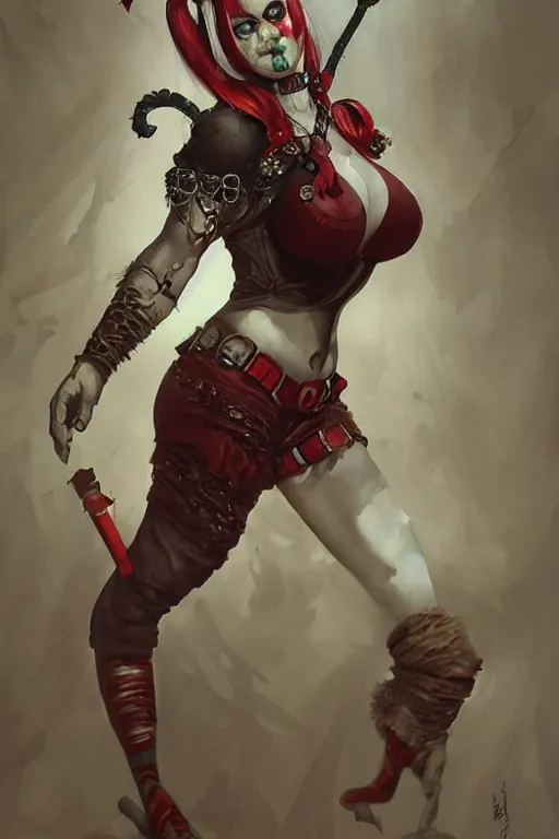 Image similar to portrait of harley quinn as a hulking herculean demon orc bugbear clown queen, forest, godlike, upper body, fantasy, intricate, elegant, highly detailed, digital painting, artstation, concept art, sharp focus, illustration, art by artgerm and greg rutkowski and alphonse mucha