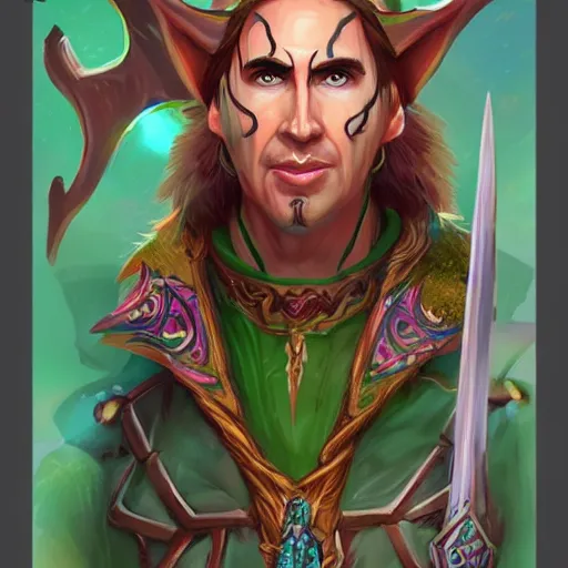 Image similar to elf warrior with the face of nick cage, d & d style, trending on artstation, colorful, intricate, art by kev chan