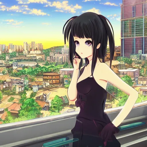 Image similar to Beautiful brunette anime girl with a gorgeous eyes is staring into the camera with a look of all as the city behind her collapses, award winning anime cartoon still, extremely detailed, extremely artistic, trending on art station