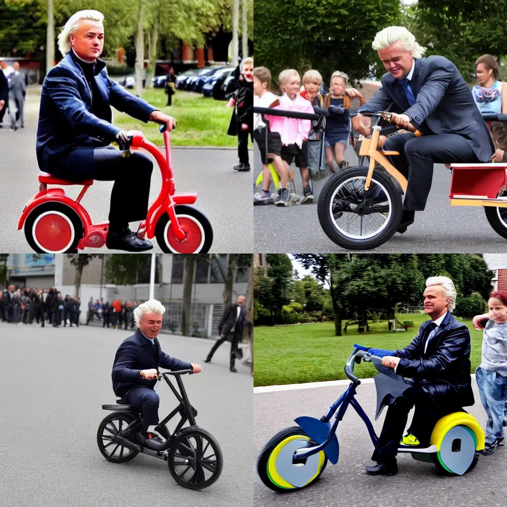Prompt: Geert Wilders riding a childrens tricycle