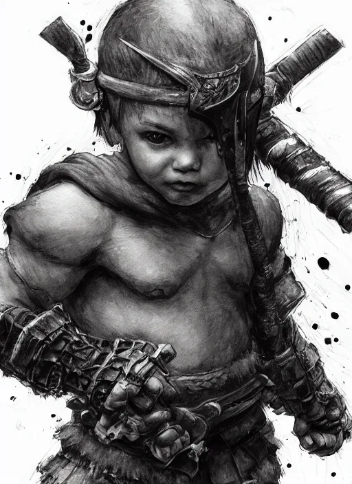 Prompt: portrait, A toddler barbarian, watercolor, dramatic lighting, cinematic, establishing shot, extremely high detail, foto realistic, cinematic lighting, pen and ink, intricate line drawings, by Yoshitaka Amano, Ruan Jia, Kentaro Miura, Artgerm, post processed, concept art, artstation, matte painting, style by eddie mendoza, raphael lacoste, alex ross