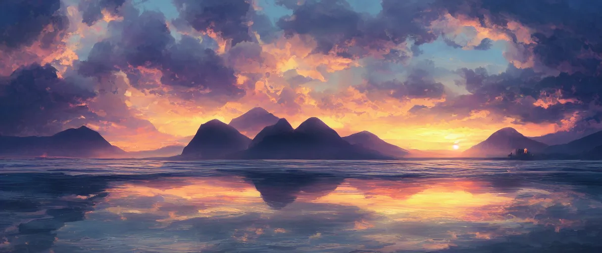 Prompt: digital painting of a detailed sunset over the ocean, ultra detailed Buddhist temple on the beach behind a forest, large mountains in back, concept art, low angle, high detail, warm lighting, volumetric, godrays, vivid, beautiful, trending on artstation, by Jordan Grimmer, no focus, huge scene, ultra detailed ripples, F11 aperture, levitating Buddhist monk dressed in yellow garment silhouette, in the style of ALBERT BIERSTADT