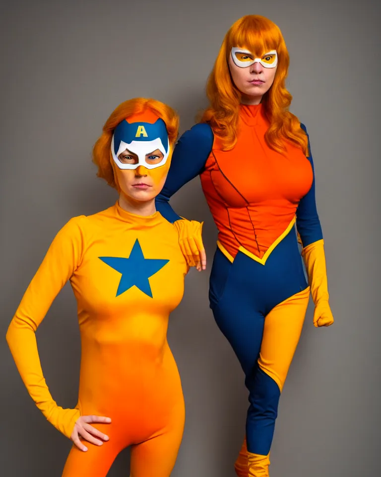 Image similar to new marvel superhero captain marigold, orange and yellow costume, centered zoomed out