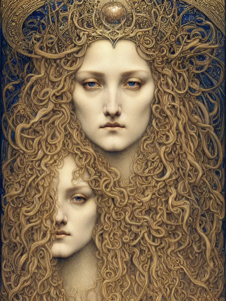 Image similar to detailed realistic beautiful young medieval queen face portrait by jean delville, gustave dore and marco mazzoni, art nouveau, symbolist, visionary, gothic, pre - raphaelite. horizontal symmetry