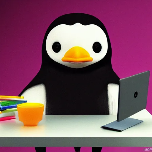 Image similar to pingu sitting behind a computer, 3 d render, painted by mark ryden, art, epic lighting