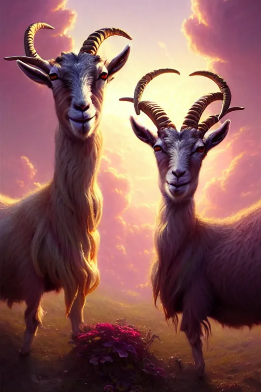 Image similar to highly detailed portrait of a three - headed goat wearing golden crown and pink tutu, stephen bliss, unreal engine, fantasy art by greg rutkowski, rhads, ferdinand knab, makoto shinkai and lois van baarle, ilya kuvshinov, rossdraws, tom bagshaw, global illumination, radiant light, red blue theme, meadow