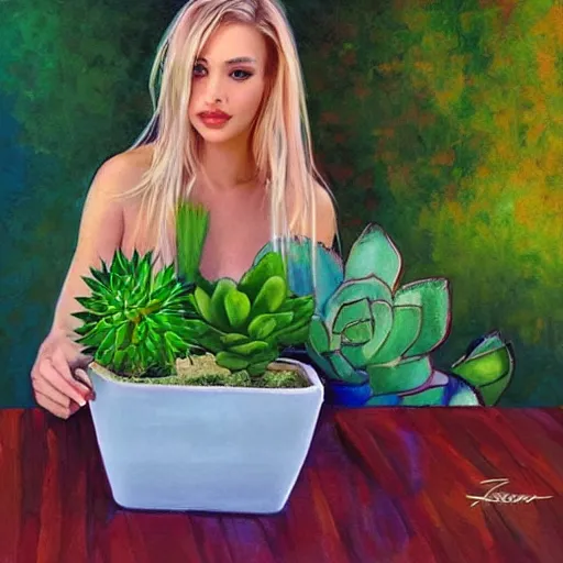 Image similar to painting by Artgerm of a beautiful blonde woman with shoulder length hair in a forest green dress putting colorful succulents into rainbow pots at a square table