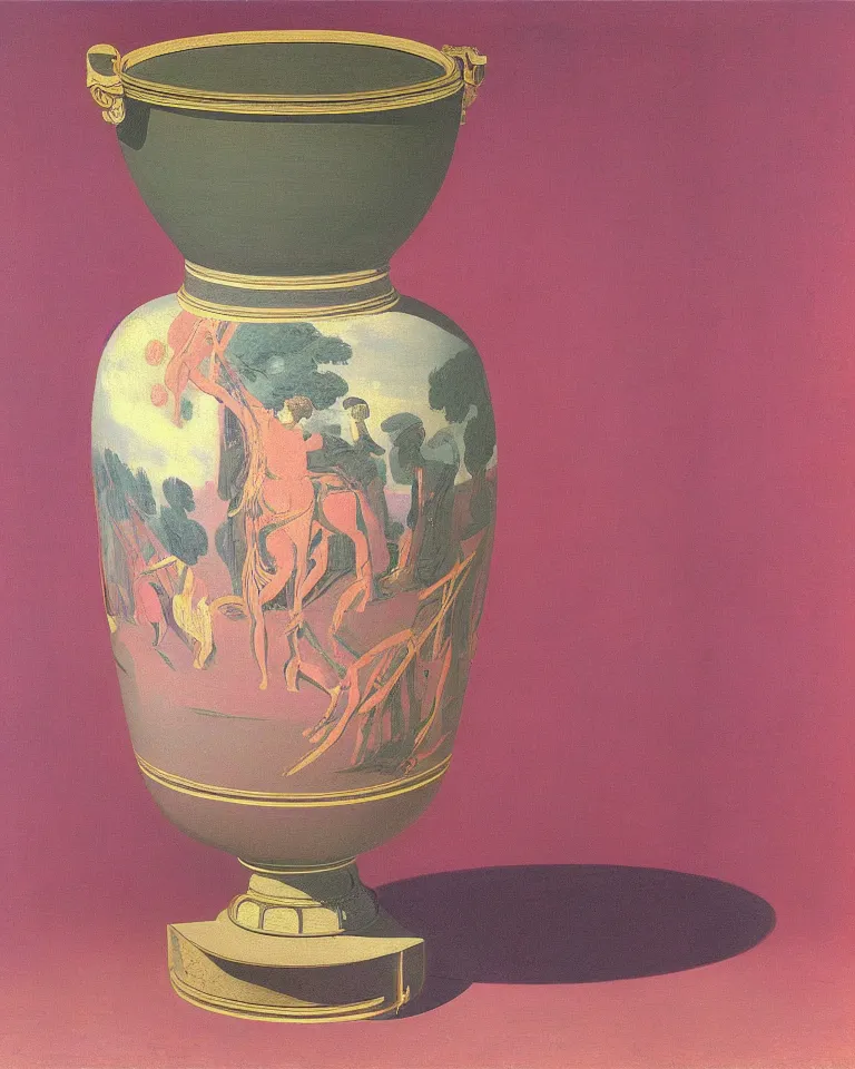 Image similar to achingly beautiful print of intricately painted ancient greek krater on a pink background by rene magritte, monet, and turner.