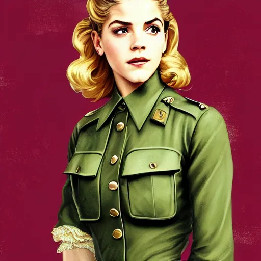 Image similar to A combination of Katheryn Winnick's and Grace Kelly's and Emma Watson's appearances as a WW2 soldier, full body portrait, western, D&D, fantasy, intricate, elegant, highly detailed, digital painting, artstation, concept art, matte, sharp focus, illustration, art by Artgerm and Greg Rutkowski and Alphonse Mucha