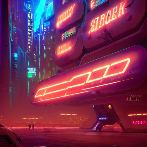 Image similar to spaceship landing in cyberpunk city, neon signage. detailed, by jim burns, darek zabrocki, trending on artstation.