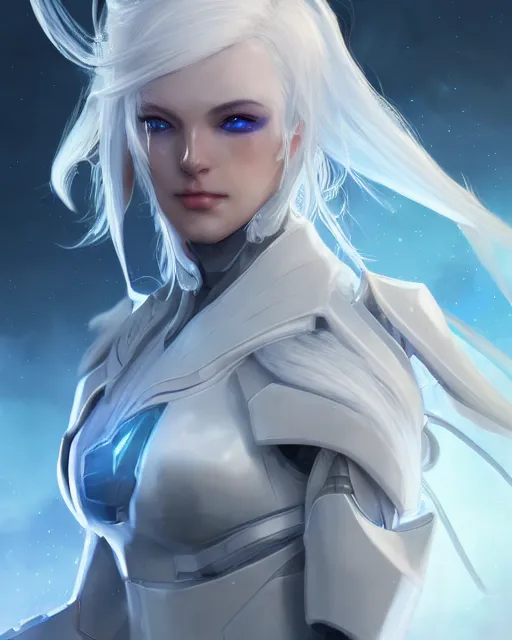 Image similar to perfect white haired girl, warframe armor, beautiful, pretty face, blue eyes, detailed, windy weather, scifi, platform, laboratory, experiment, 4 k, ultra realistic, epic lighting, high detail, masterpiece, by akihito tsukushi, charlie bowater, ross tran