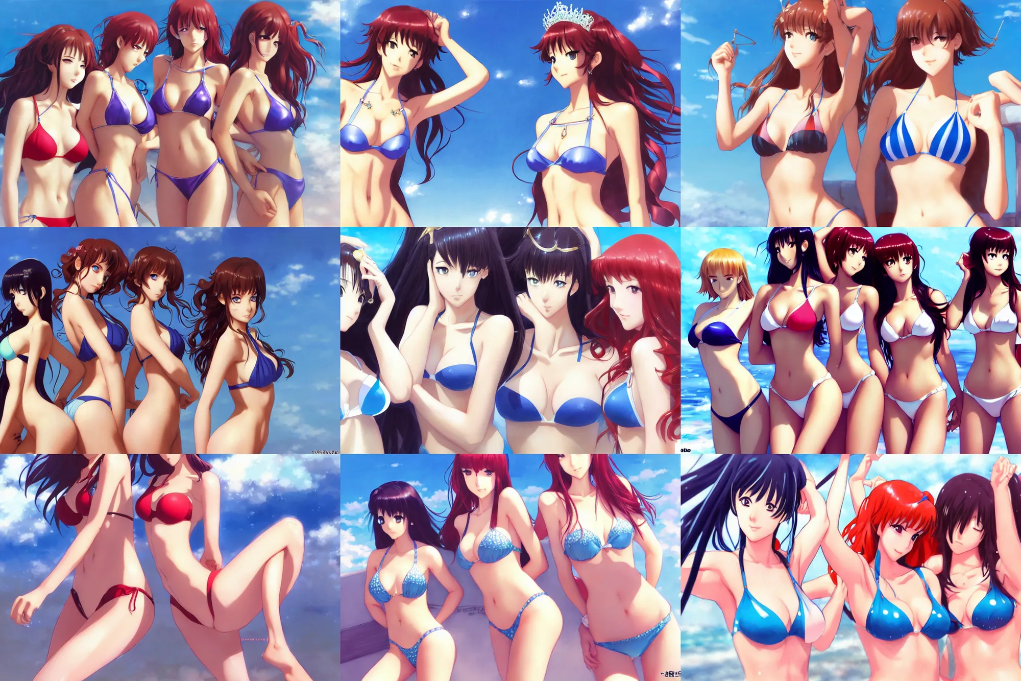 Prompt: close - up princesses posing together in bikini. by takashi takeuchi, yoshiyuki sadamoto, makoto shinkai, krenz cushart, asao urata, pixiv