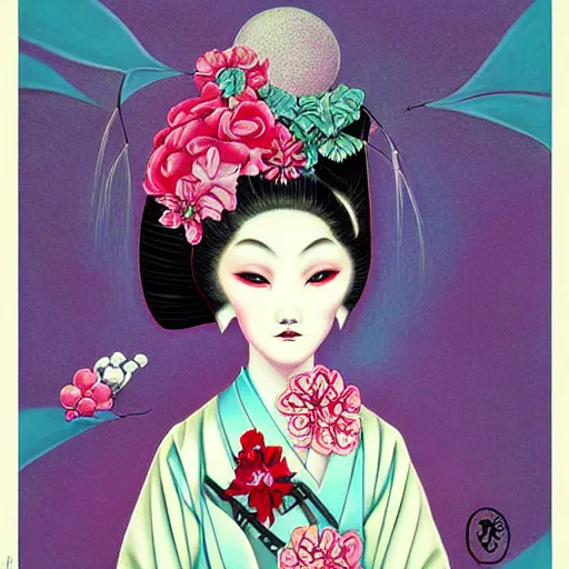 Image similar to digital painting of an pastle goth geisha by terese nielsen, mark ryden, amy sol in the style of, vintage shoujo, fantastic planet, 6 0 s poster art, minimalist poster art, flowers, stipple art, artgerm