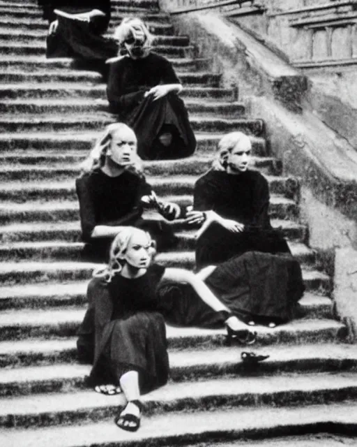 Prompt: a group of women in black dresses sitting on steps, a screenshot m. c. escher and pascal blanche and frank frazetta, behance, vorticism, reimagined by industrial light and magic, movie still, elite