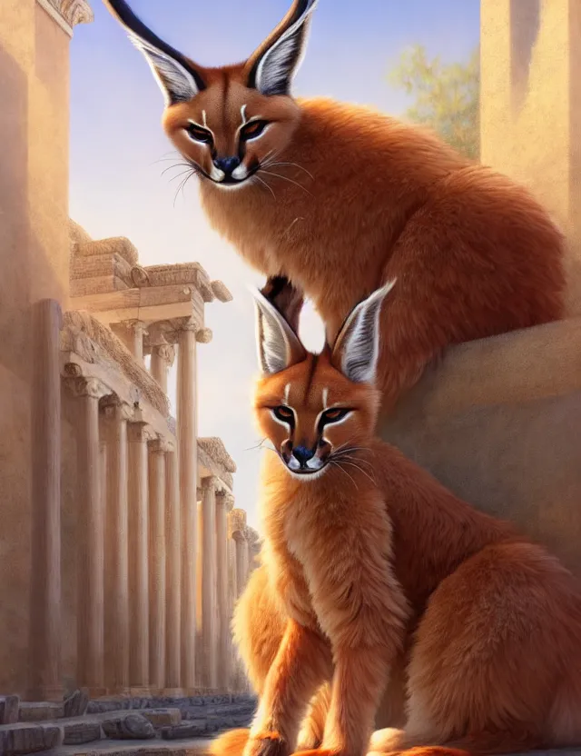 Image similar to cute fluffy caracal in a ancient greek city | | cute, key visual, realistic shaded perfect face, fine details by stanley artgerm lau, wlop, rossdraws, james jean, andrei riabovitchev, marc simonetti, and sakimichan, trending on artstation