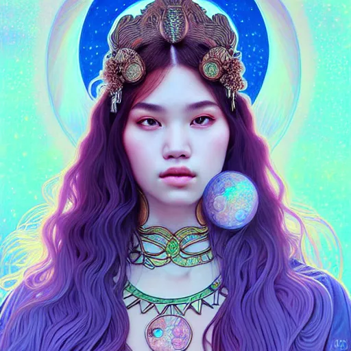 Image similar to portrait of jossi of blackpink, goddess of the moon, highly detailed, digital painting, smooth, sharp focus, illustration, ultra realistic, 8 k, art by artgerm and alphonse mucha