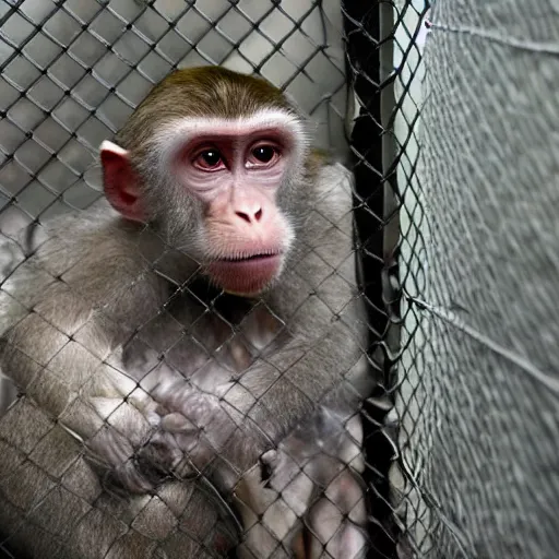 Prompt: a monkey human hybrid poking at humans in cages