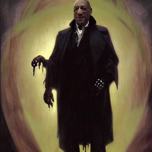 Prompt: hyperrealistic portrait of bill cosby as a vampire witch in a black coat holding a human skull as a crystal ball. by jeremy mann and alphonse mucha, fantasy art, photo realistic, dynamic lighting, artstation, poster, volumetric lighting, very detailed faces, 4 k, award winning