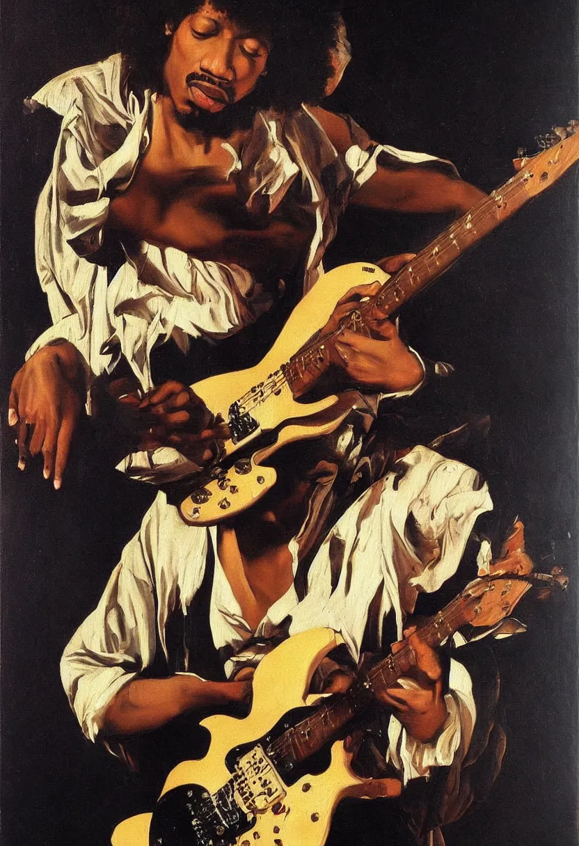 Prompt: Jimy Hendrix playing electric guitar, oil painting by Caravaggio, masterpiece