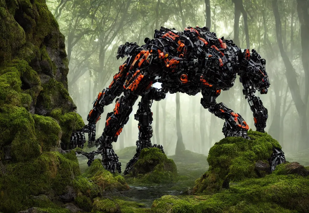 Image similar to quadruped tiger shaped mech, with black synthetic muscles, sinew, clean, simple plastic components, minimalist, product design, modern, in a colourful mossy humid jungle, weta workshop, cinematic, realistic, stylised, unreal engine, hyper realistic, octane render, fog, god rays, bloom,