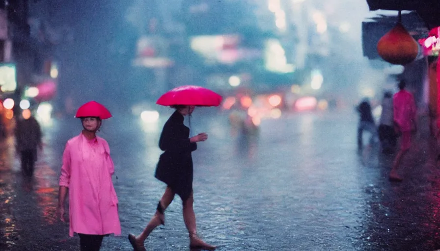 Image similar to street of hanoi, photography, night, rain, mist, a girl with pink hair, cinestill 8 0 0 t, in the style of william eggleston