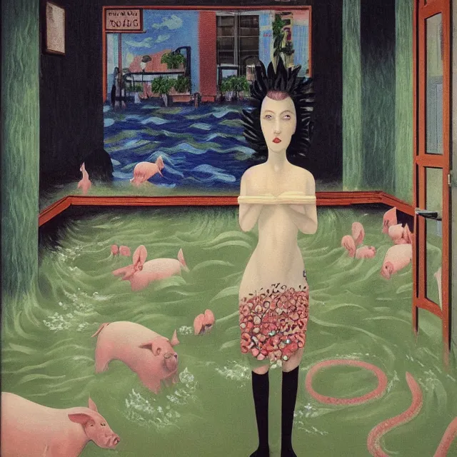 Prompt: tall female emo artist holding a pig in a flooded cafe, octopus, water gushing from ceiling, painting of flood waters inside a cafe, a river flooding indoors, pomegranates, pigs, ikebana, water, octopus, river, rapids, waterfall, black swans, canoe, berries, acrylic on canvas, surrealist, by magritte and monet