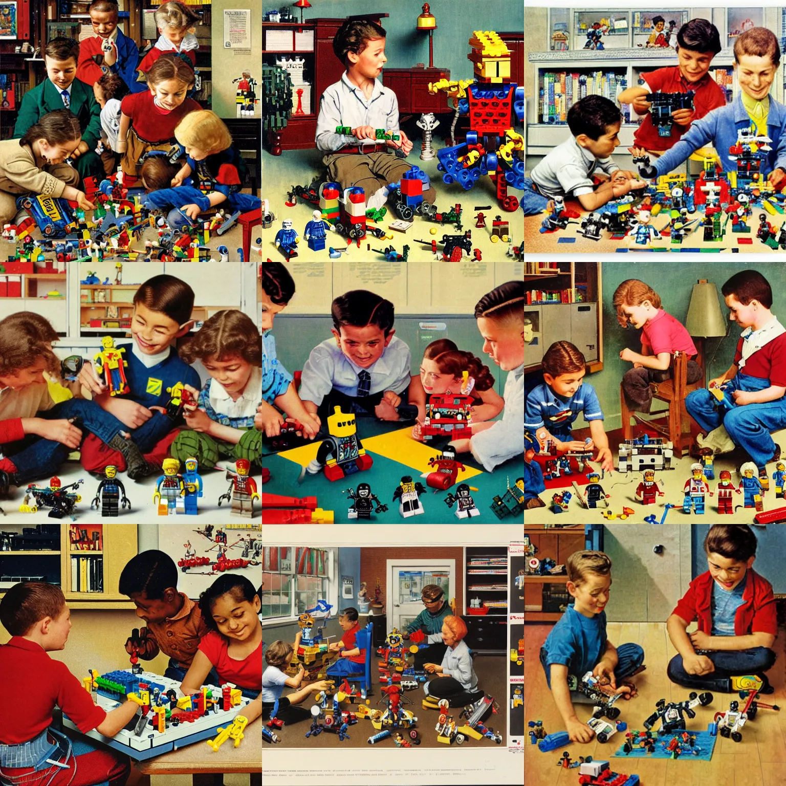 Prompt: children building toy robots with lego, by norman rockwell
