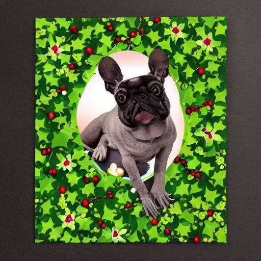 Prompt: christmas card, frug dog black infront of leg, high beauty vine, artstation, ample lighting, flower mosaic, dna, intense fantasy