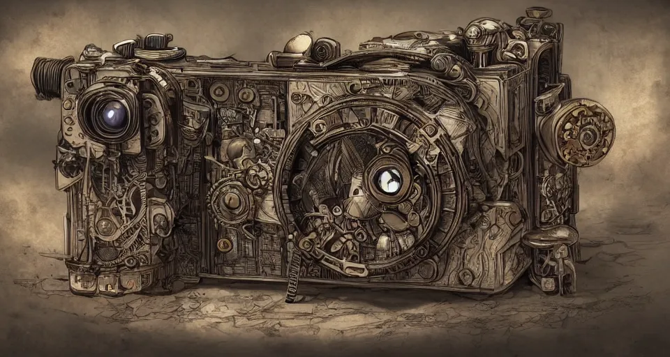 Image similar to A beautiful artwork illustration, extremely detailed and advanced steampunk-themed camera , featured on artstation, wide angle, horizontal orientation