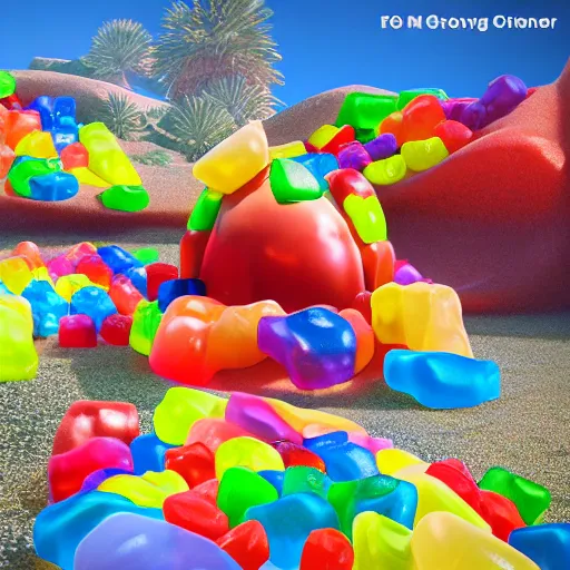 Image similar to promotional movie still life - size gummi bears, big, melting in the arizona sun in the largest frying pan in the world. 3 d, digital art, octane 3 d render, ue 5, cinematic, imax 7 0 mm, product lighting, dramatic lighting. concept art.