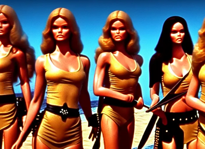 Prompt: film still charlie's angels ( 1 9 7 6 ) as a viking women with weapons, wearing skin - tight space age bikinis, rough seas in background, lightning storms, barbarella, water world, mad max, conan, hyper - realistic, highly detailed, accurate, 8 k octane render, 2 8 mm, wide angle, rule of thirds