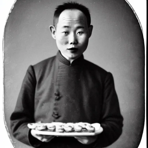 Image similar to a photo of a happy man from qing empire holding and eating a hamburger, award winning photo, high quality, 1 9 century photo, highly detailed, black and white