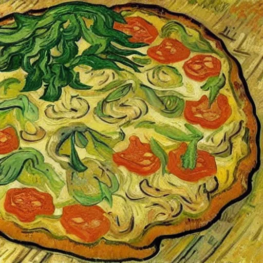 Prompt: detailed vegetable pizza painting by van gogh