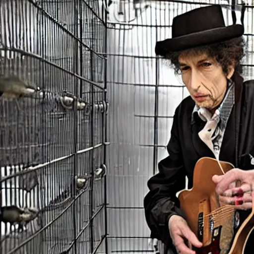 Image similar to bob dylan in a small cage at a pet store, his cage has a price tag