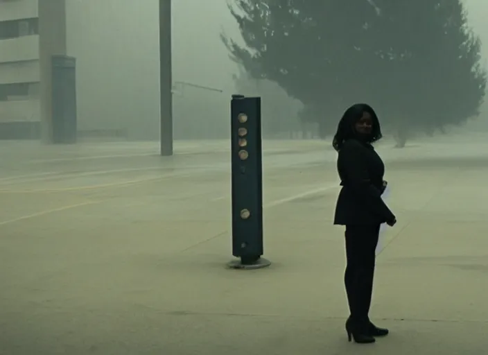 Image similar to cinematic screenshot high wide angle shot of octavia spencer standing outside in a foggy desolate eerie department store empty parking lot, one car, paranoia everywhere, scene from the tense psychological thriller film directed by spike jonze, volumetric hazy lighting, anamorphic lens, moody cinematography, 3 5 mm kodak color ektochrome