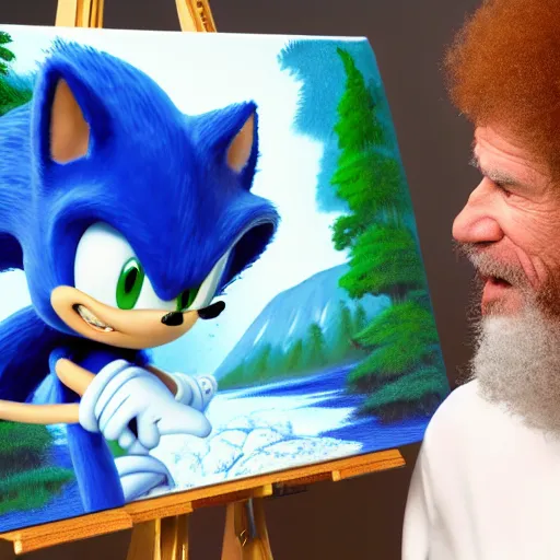 Image similar to a closeup photorealistic photograph of bob ross working on a canvas painting sonic the hedgehog. film still. brightly lit scene. mountains and trees. this 4 k hd image is trending on artstation, featured on behance, well - rendered, extra crisp, features intricate detail, epic composition and the style of unreal engine.