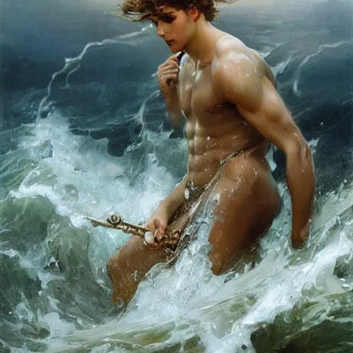 Image similar to epic battle brown haired boy summons a huge wave of water. greek sea god. extremely detailed. masterpiece. dramatic. rule of thirds. jc leyendecker. repin. ruan jia.