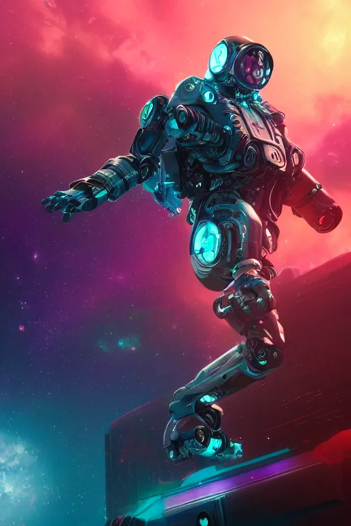 Image similar to cyborg floating in space letting go of reality and experiencing the quantum feild, matte painting comic book art, cinematic, highly detailed, realistic, beautiful cosmic neural network, octane render, unreal engine, depth of field, trending on artstation, sharp focus, philosophical splashes of colors