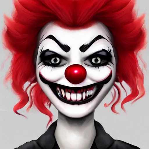 Image similar to A high quality illustration of a smiling goth-clown hybrid with red hair, trending on artstation, cute