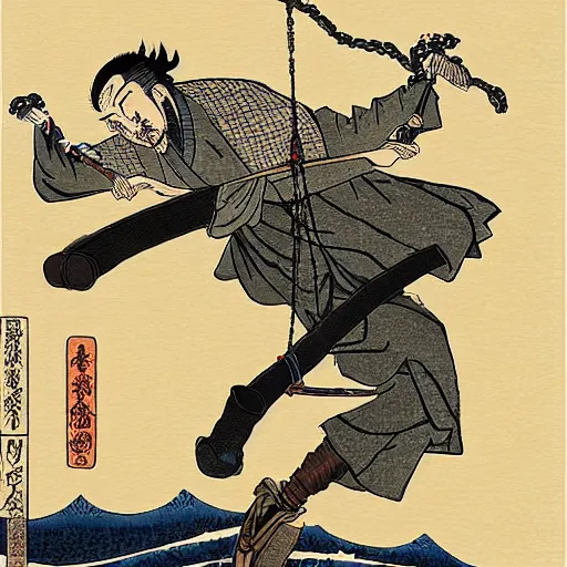 Image similar to by hokusai, samurai man vagabond, the samurai holds chains, detailed, matte print, concept art, ink style, sketch, digital 2 d
