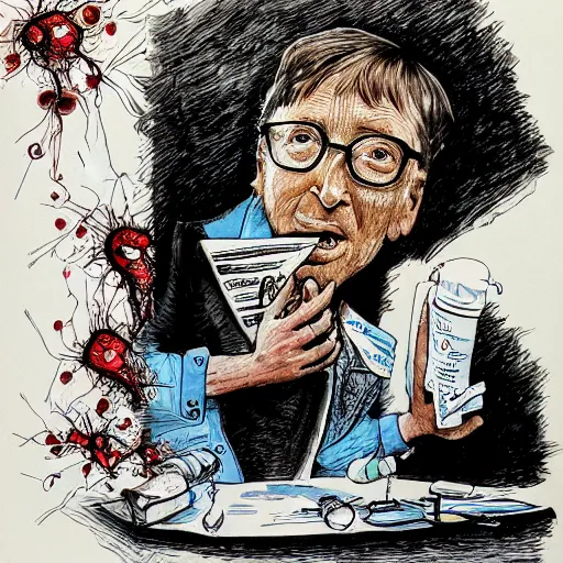 Image similar to bill gates holding a vaccine in his hand, Body horror, by Ralph Steadman