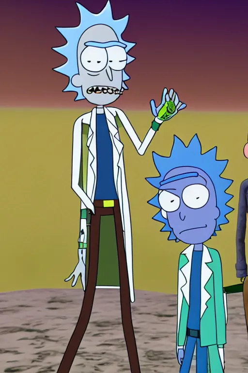 Image similar to 3d final render, hiper-realistic Rick and Morty, detailed, 8k