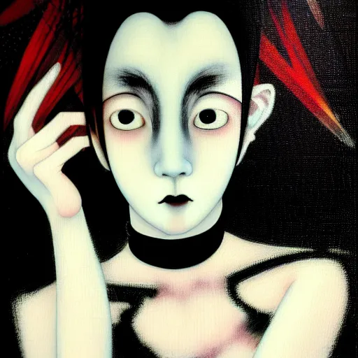 Image similar to yoshitaka amano blurred and dreamy minimalistic oil portrait of a young woman with black lipstick and black eyes wearing dress suit with tie, junji ito abstract patterns in the background, satoshi kon anime, noisy film grain effect, highly detailed, renaissance oil painting, wide brush strokes, weird portrait angle, blurred lost edges