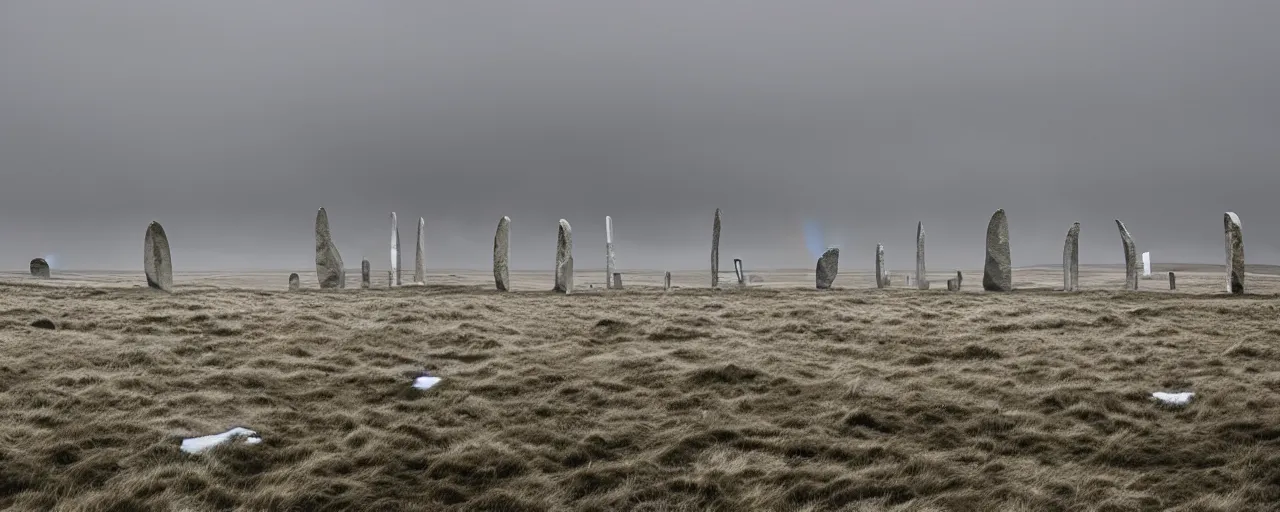 Image similar to 'a giant windfarm stands among neolithic standing stones of stenness, haunting, fog, grainy, snowing, atmospheric clouds'