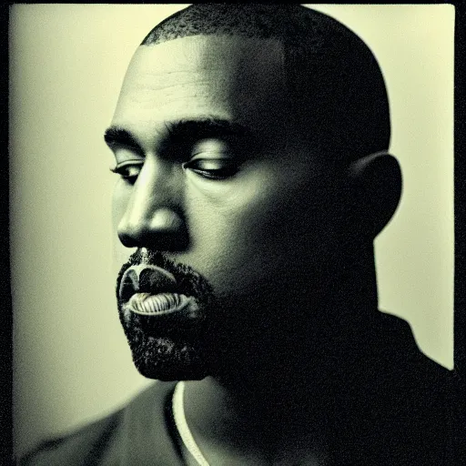 Image similar to a chiaroscuro lighting portrait of kanye west dressed as rick owens, black background, portrait by julia margaret cameron, shallow depth of field, 8 0 mm, f 1. 8