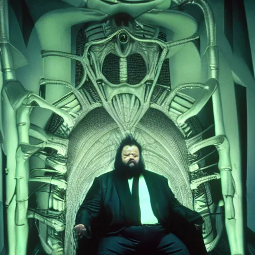 Image similar to chunky orson welles sitting on a dark throne, in an alien room by hans giger, film still from the movie by alejandro jodorowsky with cinematogrophy of christopher doyle and art direction by hans giger, anamorphic lens, kodakchrome, very detailed photo, 8 k